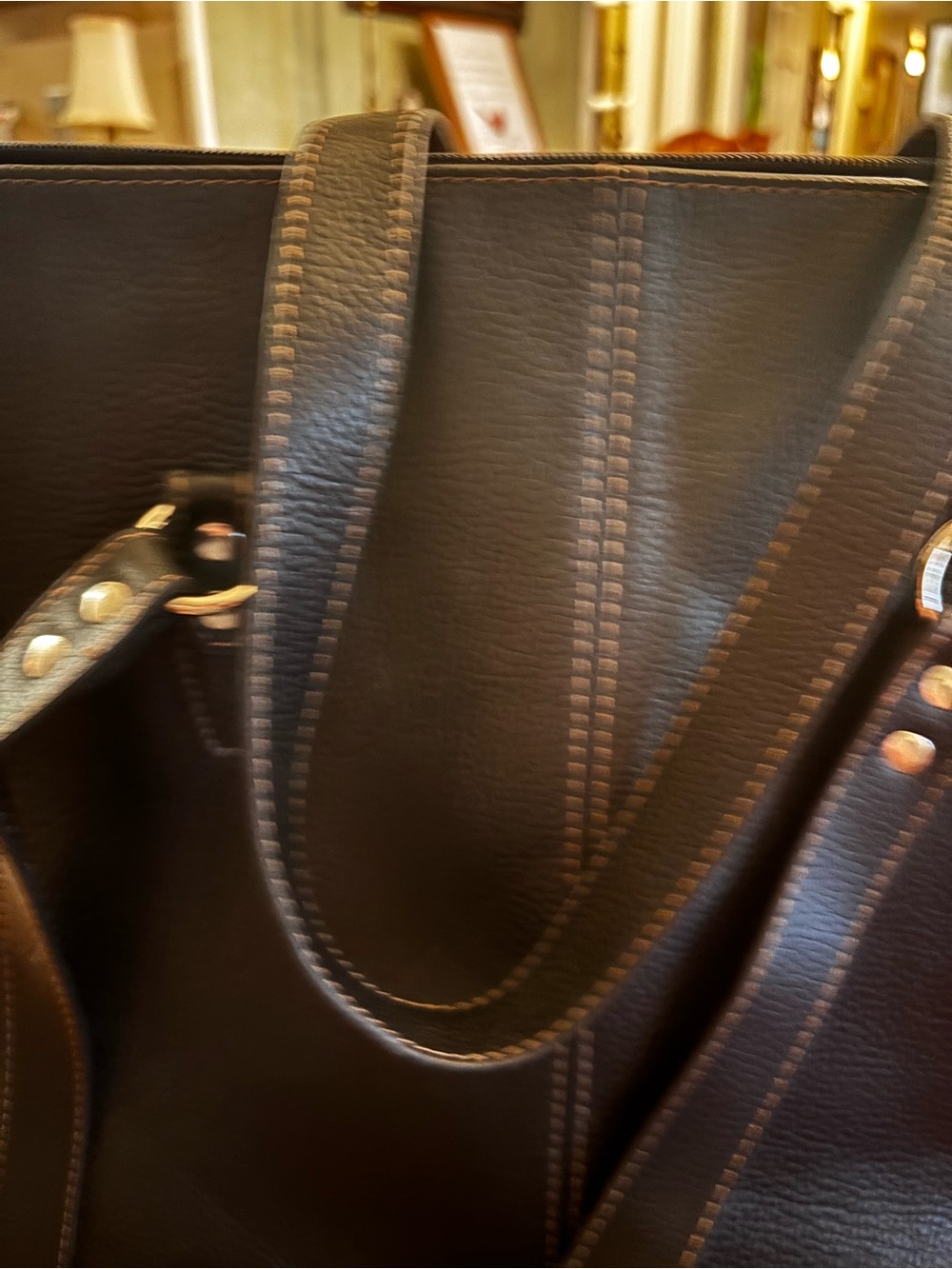 Samsonite Business Tote Dark Brown Leather Tote with Contrast Stitching